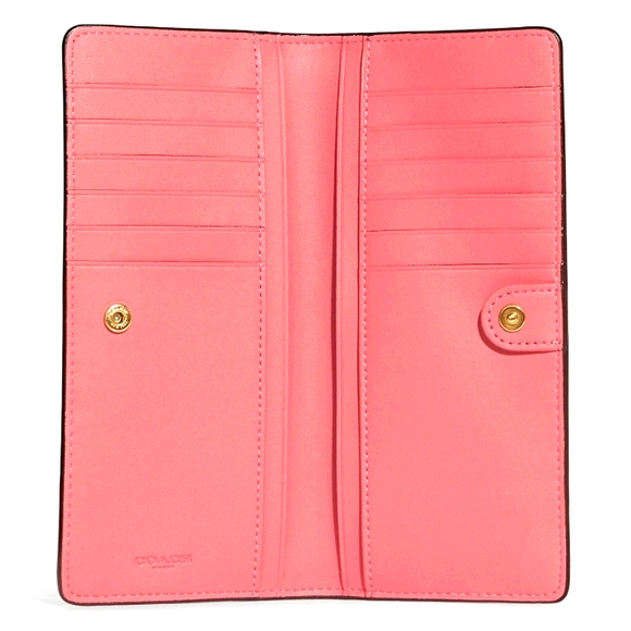 COACH SLIM WALLET WITH GARDEN PLAID PRINT IN COLORS GOLD/TAFFY MULTI - Picture 2 of 4